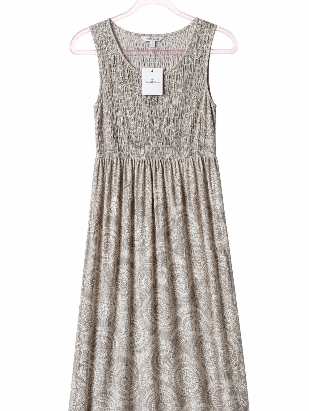 Sleeveless Smocked Waist Midi Dress in Light Taupe - Picture 2 of 10